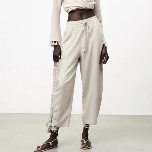 Zara Linen Blend Barrel Pants - Picture 1 of 5